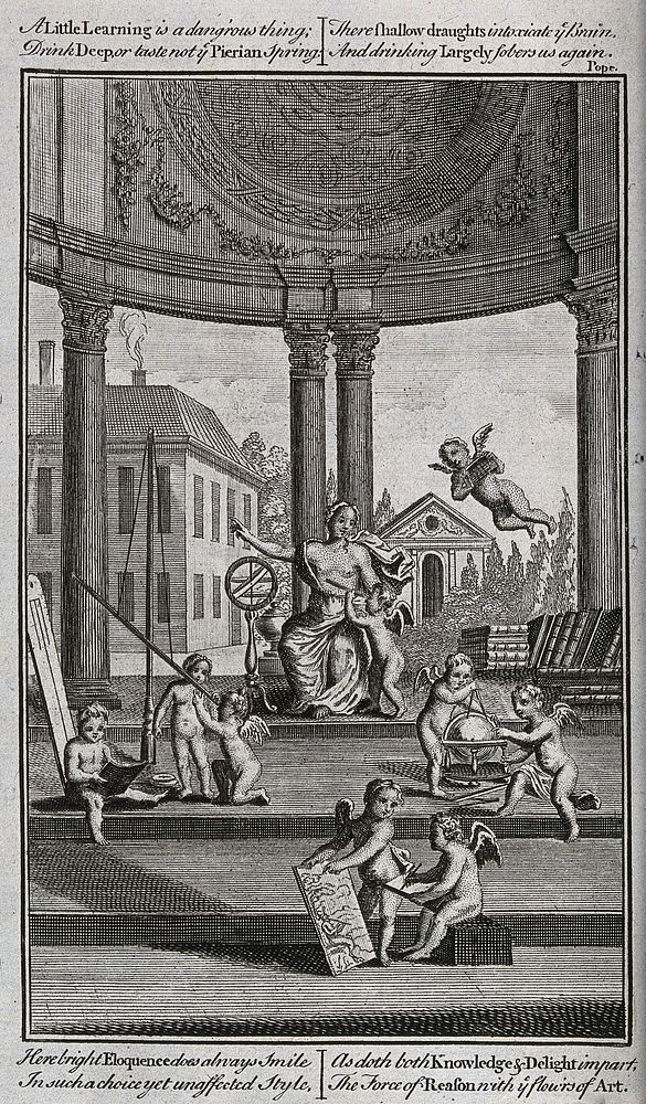 Science: putti undertaking various experiments in an open temple or rotunda, presided over by Scientia. Engraving, c.1750.