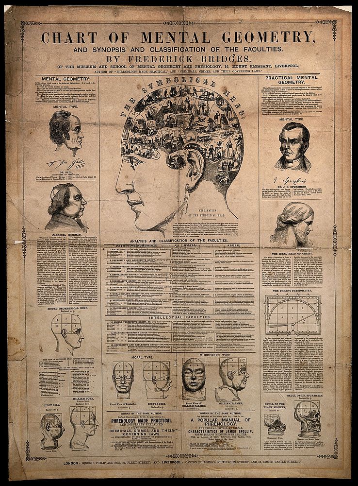 Phrenological chart; with design of head containing symbols of the phrenological faculties, and diagrams of heads showing…