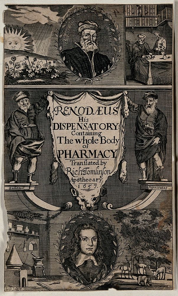 Jean de Renou: his portrait, and the subjects of his book on pharmacy; centre, Galen and Hippocrates holding a lion skin;…