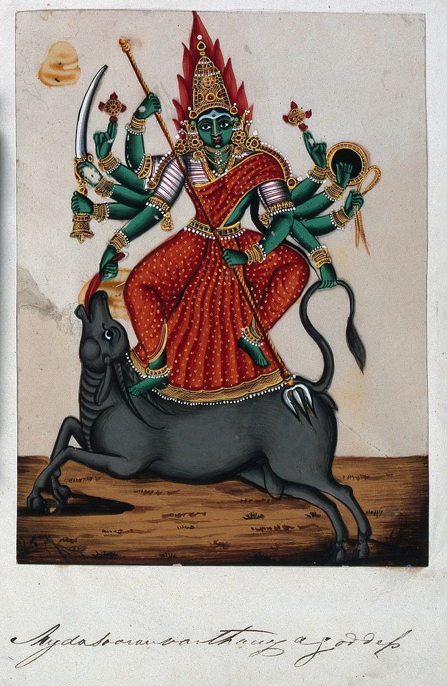 Durga slaying the buffalo demon, Mahishasura. Gouache painting on mica by an Indian artist.