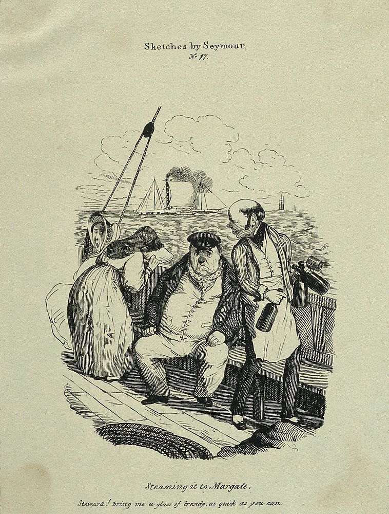 People suffering from seasickness on board a steam boat; off Margate a man asks the steward for a brandy. Lithograph after…