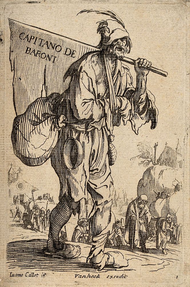 A ragged beggar carrying a banner reading "Capitano de baroni" leads a procession of lame people and beggars out of a…