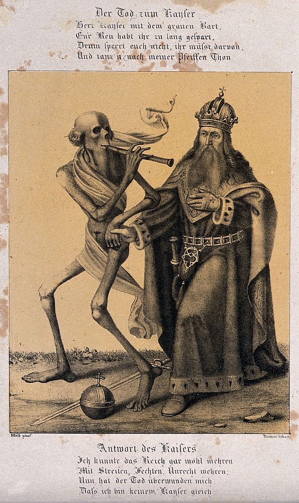 The dance of death at Basel: death and the emperor. Lithograph by Danzer after H. Hess.