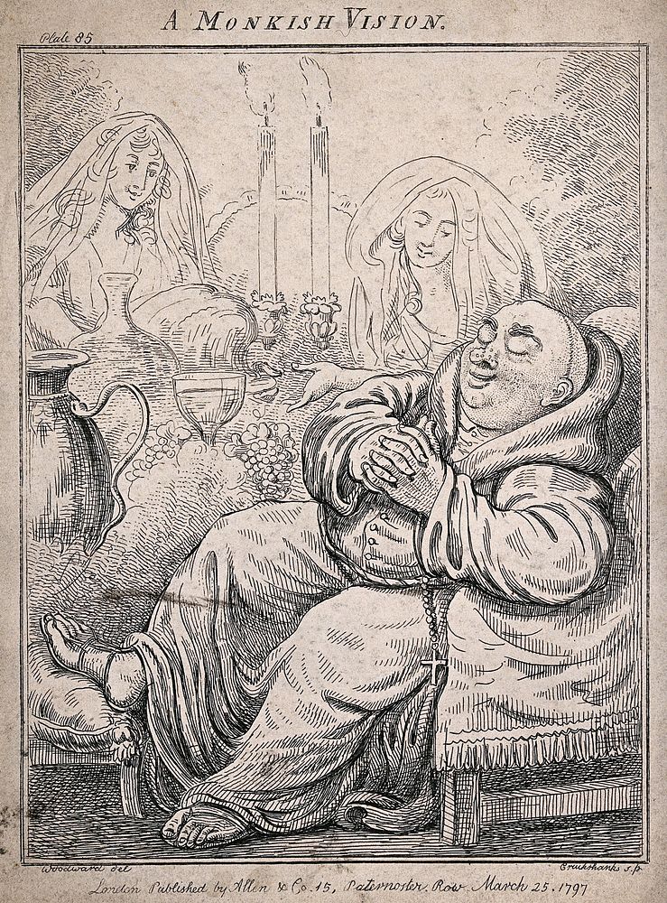 A monk is asleep in his chair dreaming of being offered food and wine by young women. Etching by Cruikshank after Woodward.