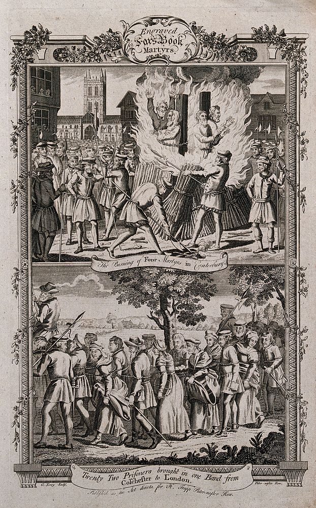 Above, four martyrs are chained to a post and burnt at the stake in Canterbury; below, a procession of twenty-two prisoners…
