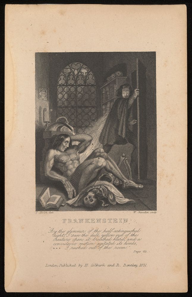 Victor Frankenstein observing the first stirrings of his creature. Engraving by W. Chevalier after Th. von Holst, 1831.