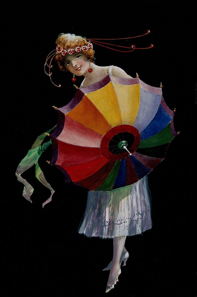 A young woman holding a multi-coloured umbrella. Gouache drawing.