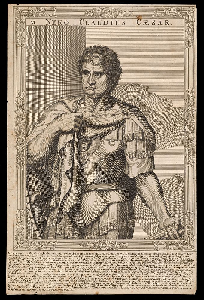 Nero, Emperor of Rome. Line engraving, 16--, after A. Sadeler after Titian.
