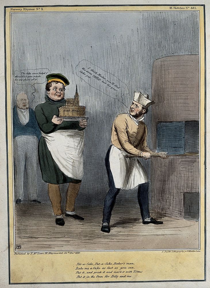 Daniel O'Connell as a baker holds a cake inscribed "Irish tithes" and "Irish corporation" towards Lord Melbourne who loads…