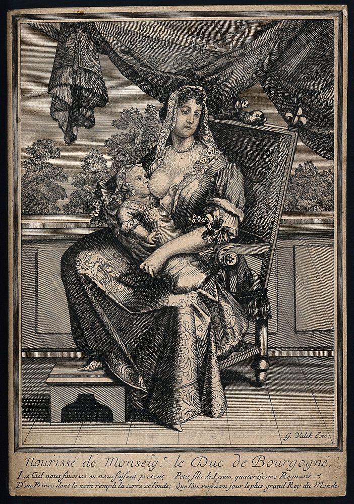 A wet nurse breast feeding the Duke of Burgundy, grandson of Louis XIV. Engraving.