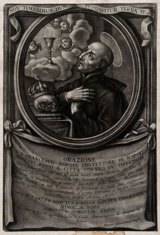 Saint Francis Borgia interceding against earthquakes; cherubim and the Eucharist above. Mezzotint, 17--.
