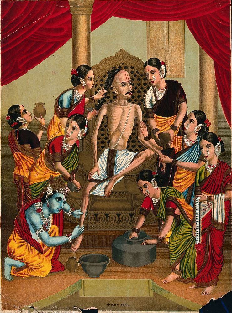 A Hindu ascetic is bathed and honoured by a seven women and Krishna. Chromolithograph by an Indian artist, 1800s.