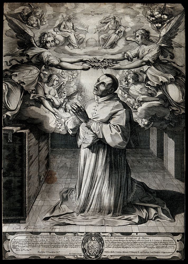 Saint Carlo Borromeo: angels crown him with the approval of the Holy Trinity. Line engraving by F. Villamena, 1615, after G.…