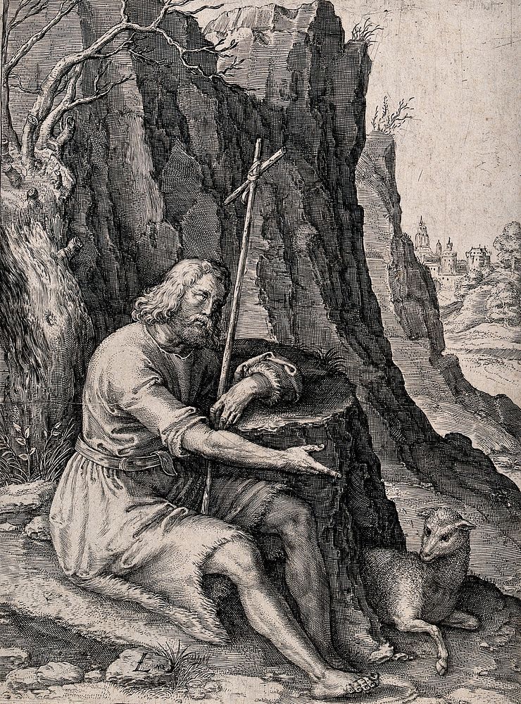 Saint John the Baptist in the wilderness, seated, holding a cross. Engraving by R. de Mey after Lucas van Leyden.