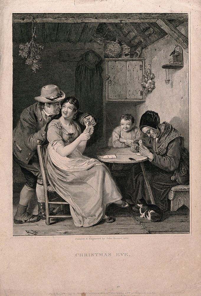A family playing cards: the husband is looking over his wife's shoulder at her cards, the child is smiling but the old lady…