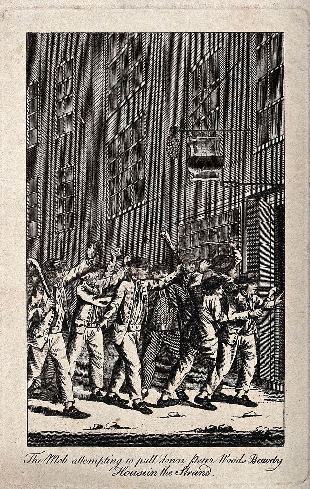 Men with clubs break down the door of a London brothel to take their revenge for being robbed. Engraving, ca. 1795.