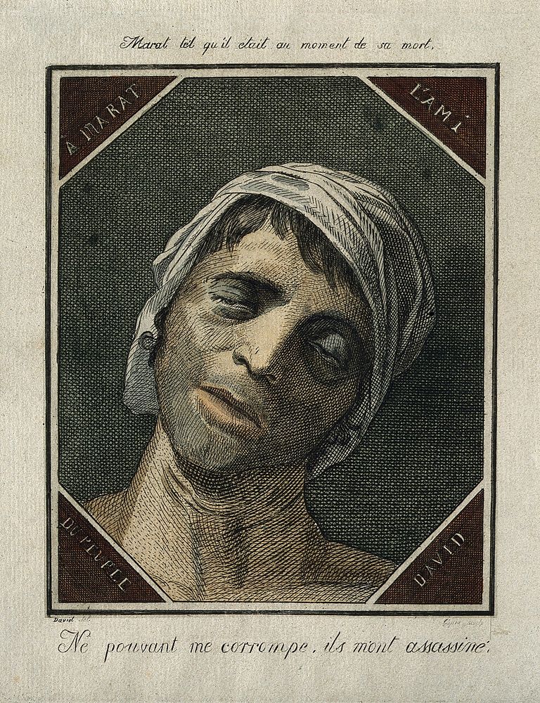Jean Paul Marat. Coloured etching by J. L. Copia after J. L. David, [1793].