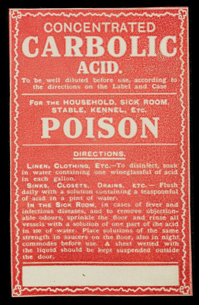 Concentrated carbolic acid : to be well diluted before use, according to the directions on the label and case : for the…