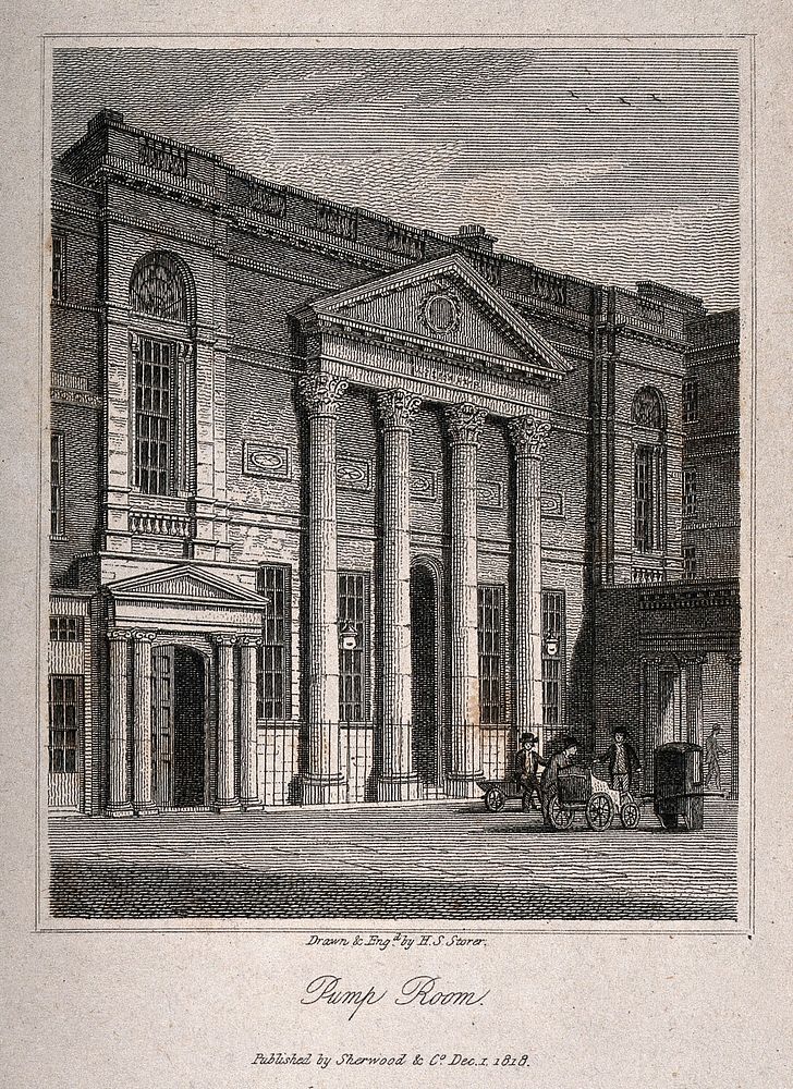 The pump room, Bath. Line engraving by H.S. Storer, 1818, after himself.