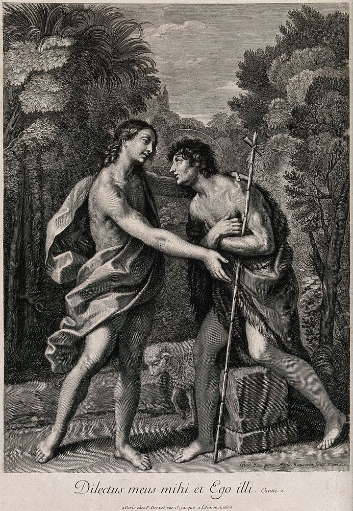 John the Baptist embraces Jesus, whom he has been awaiting. Engraving by G. Rousselet after G. Reni.