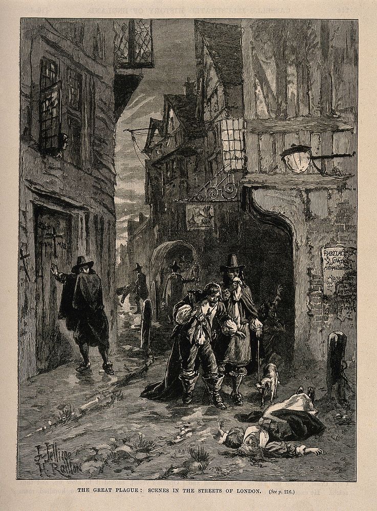 Two men discovering a dead woman in the street during the great plague of London. Wood engraving by J. Jellicoe after H.…