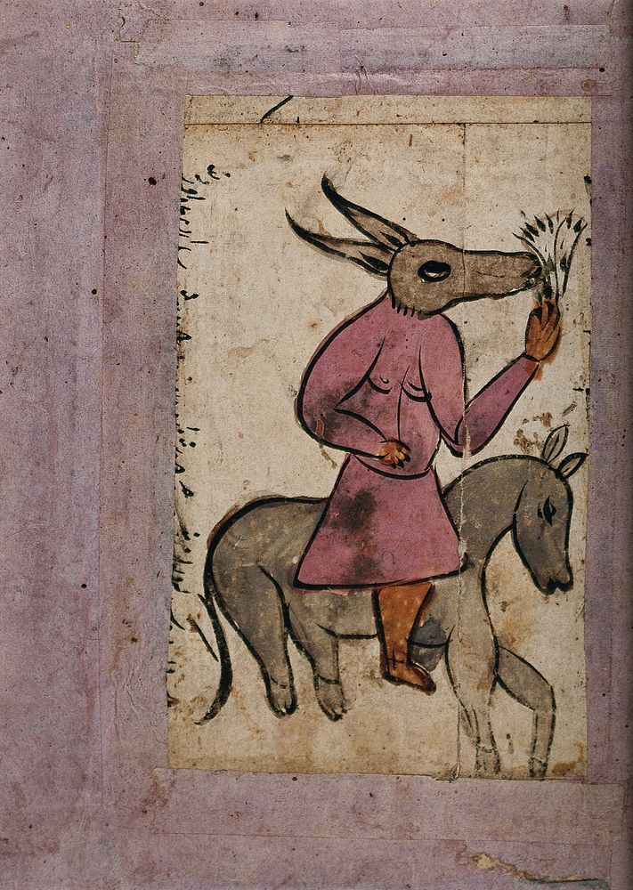 A man with a mule's head riding on a donkey. Gouache painting by an Indian artist.