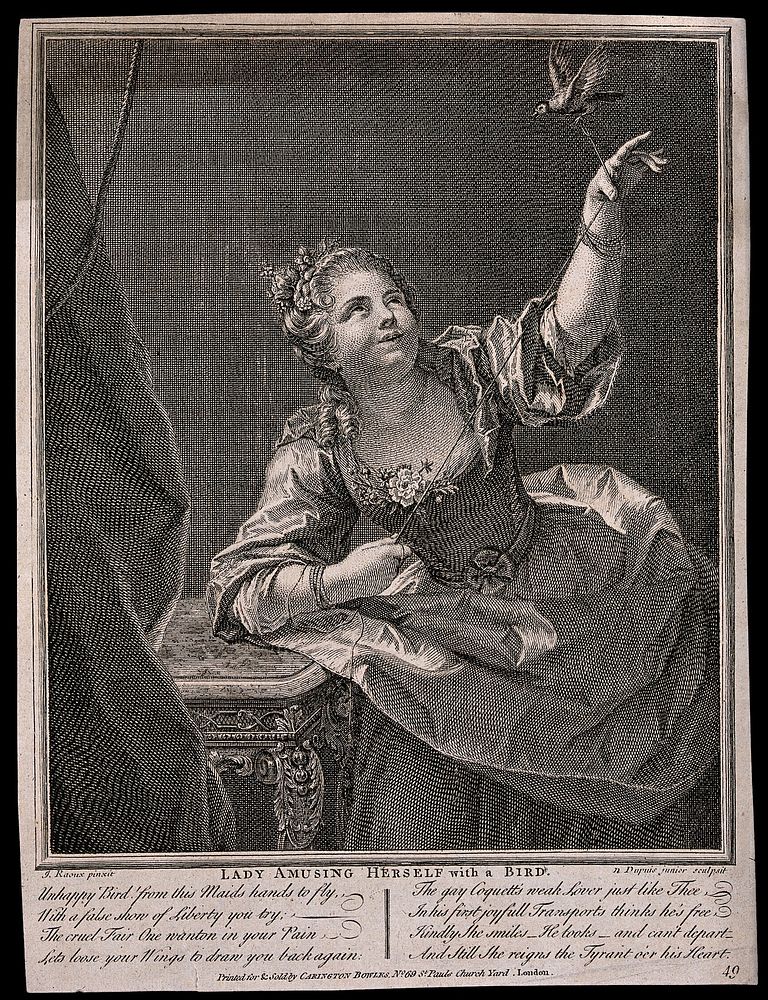 A young woman playing with a bird, which she has on a string. Engraving by N. Dupuis, ca. 1727, after J. Raoux.