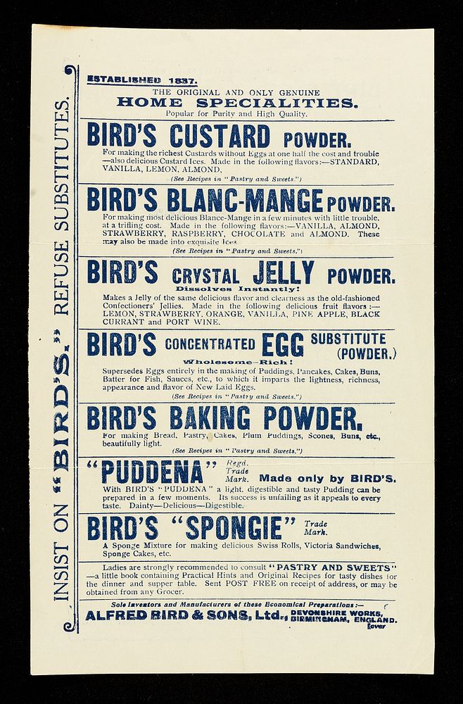 The original and only genuine home specialities : popular for purity and high quality / Alfred Bird & Sons, Ltd.