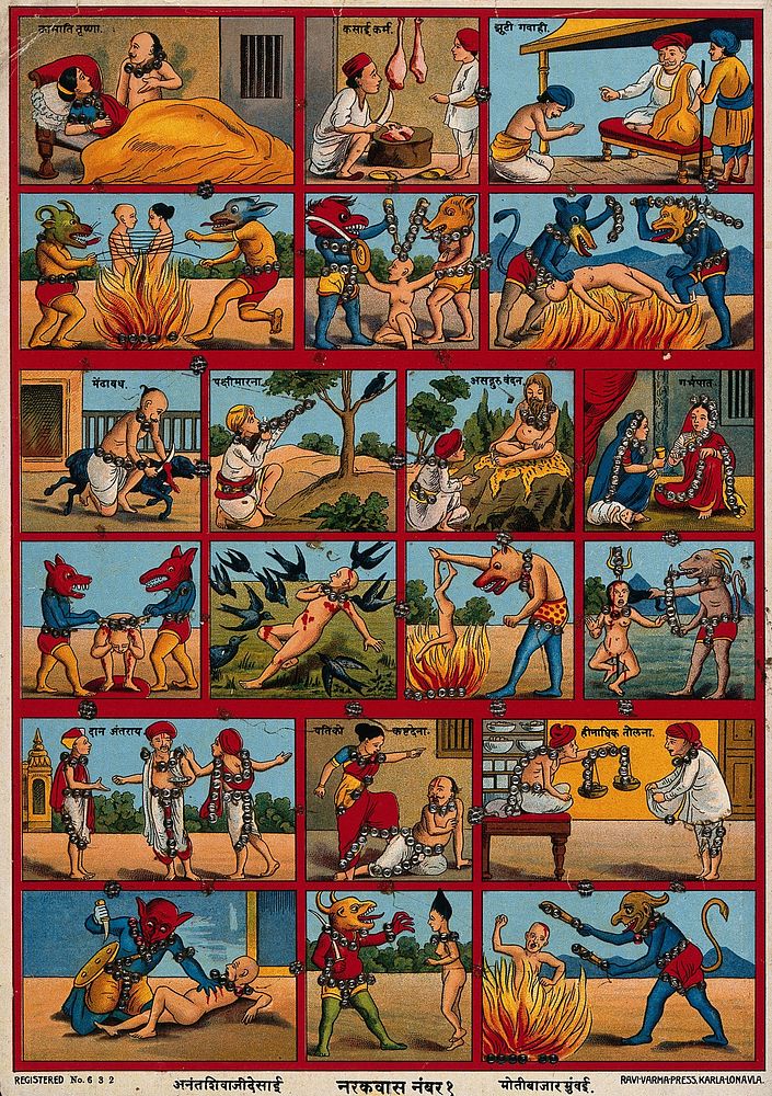 Sins and subsequent punishment in Hell. Chromolithograph.