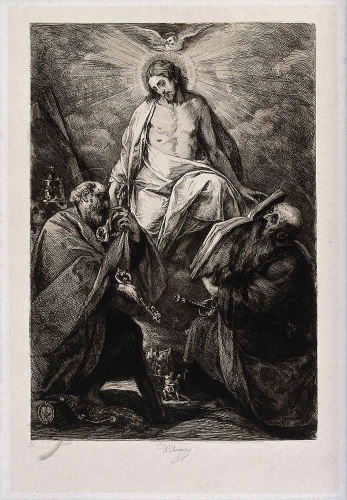 Christ with the Holy Ghost, Saint Peter the Apostle and Saint Paul the Apostle. Etching by W. Unger after G.B. Crespi.