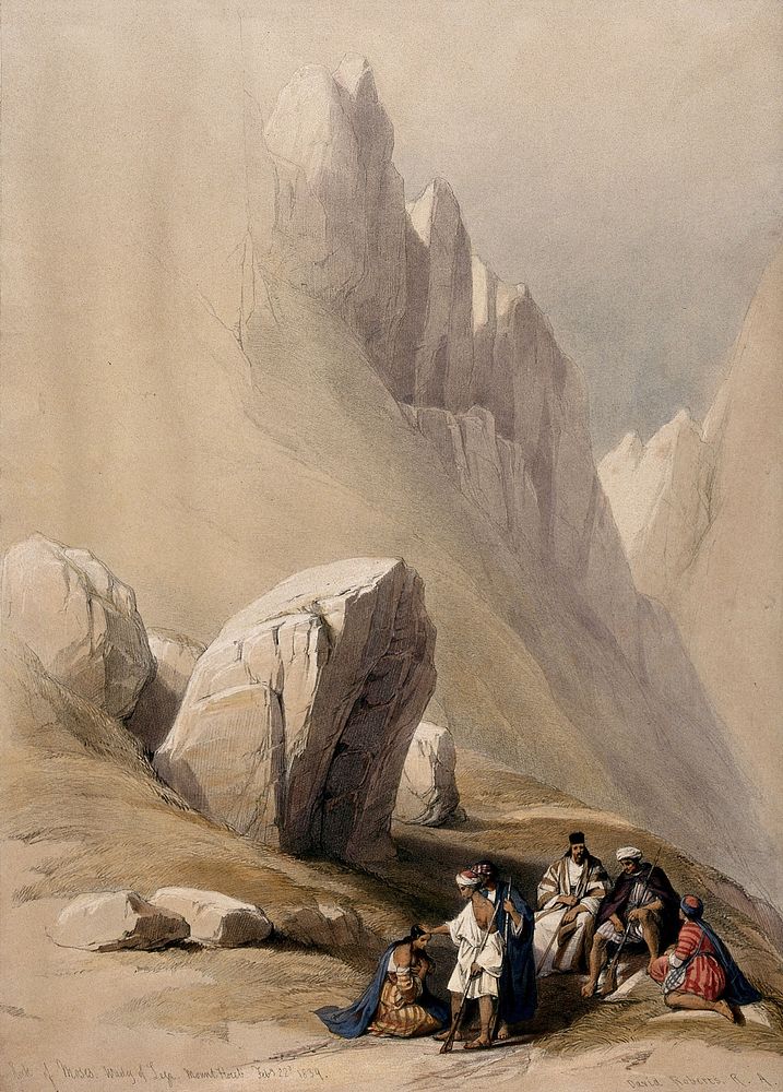 The Rock of Moses in Wady-El-Leja valley, west of Mount Sinai. Coloured lithograph by Louis Haghe after David Roberts, 1849.