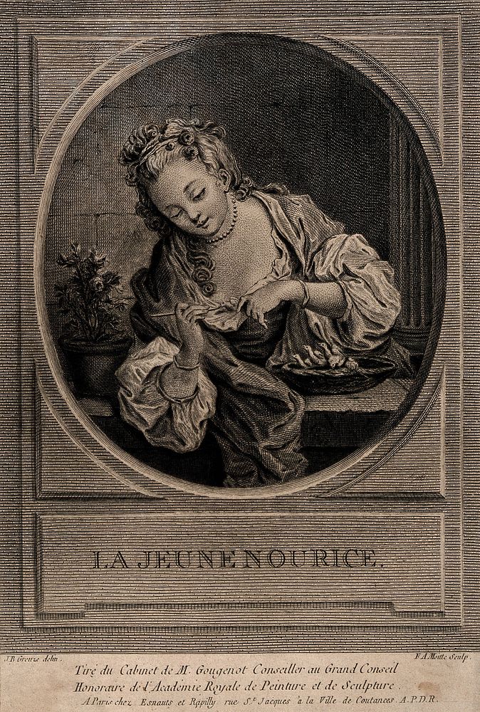 A woman feeding a nest of baby birds. Engraving by F.A. Moitte after J.B. Greuze.