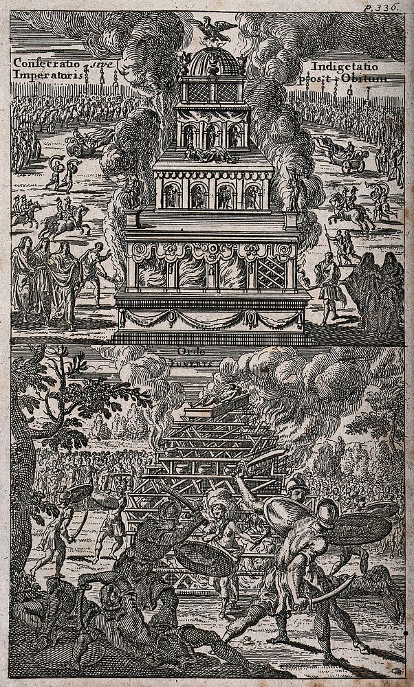 Above, a palatial funeral pyre is set on fire; below, Roman soldiers staging a fight with swords before a funeral pyre with…
