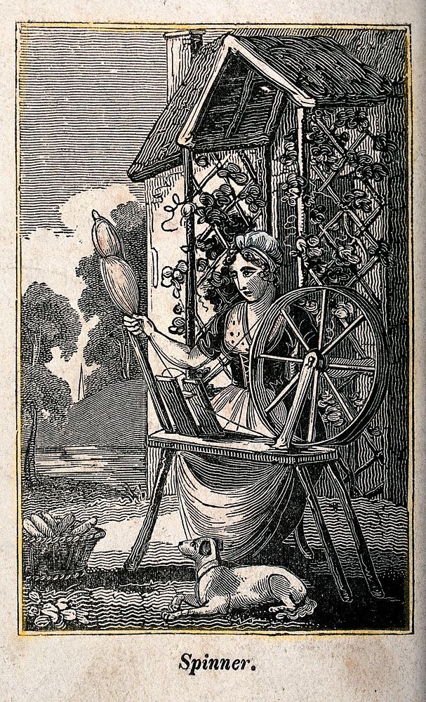 A woman sits spinning at a spinning wheel. Wood engraving.