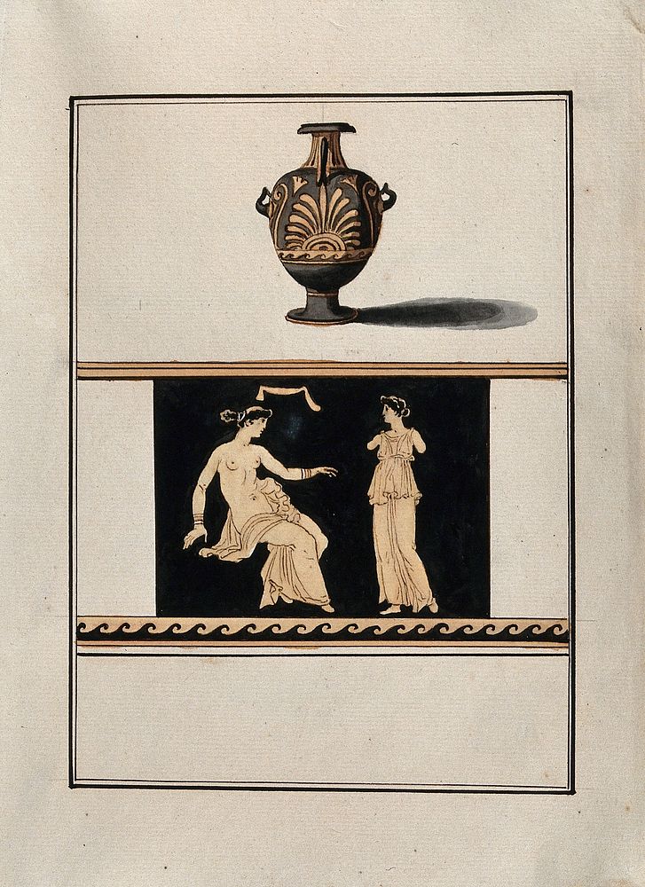Above, red-figured Greek water jug (hydria) decorated with a palm motif; below, detail of the decoration showing a seated…