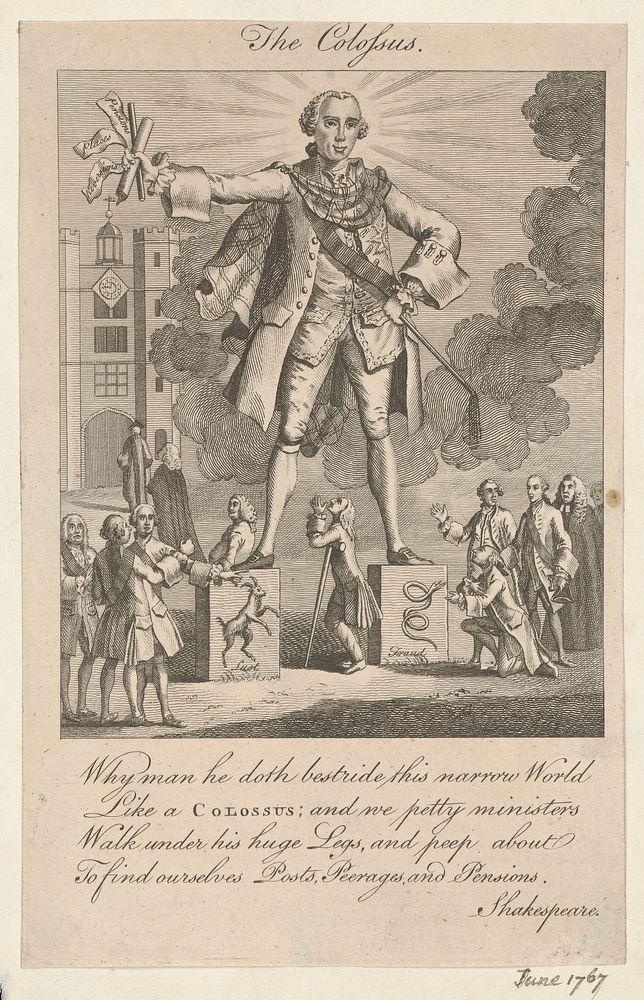 The Earl of Bute as a Colossus wearing a tartan scarf about his shoulders stands on two stone pedestals before the tower to…