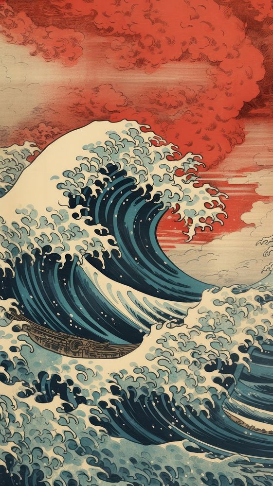 Japanese wood block print illustration of hurricane outdoors nature ocean.