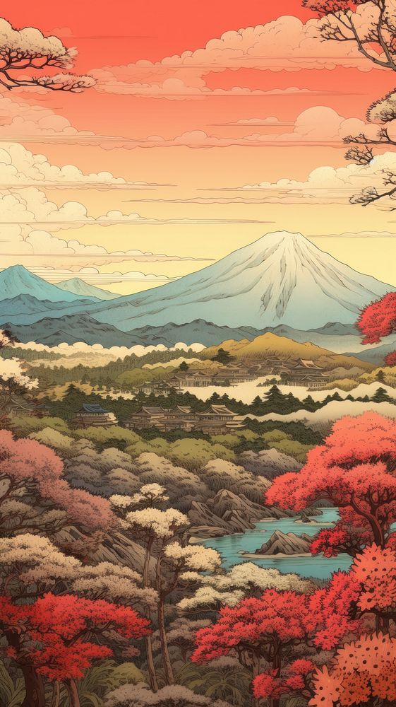 Japanese wood block print illustration of japanese countryside landscape mountain outdoors.