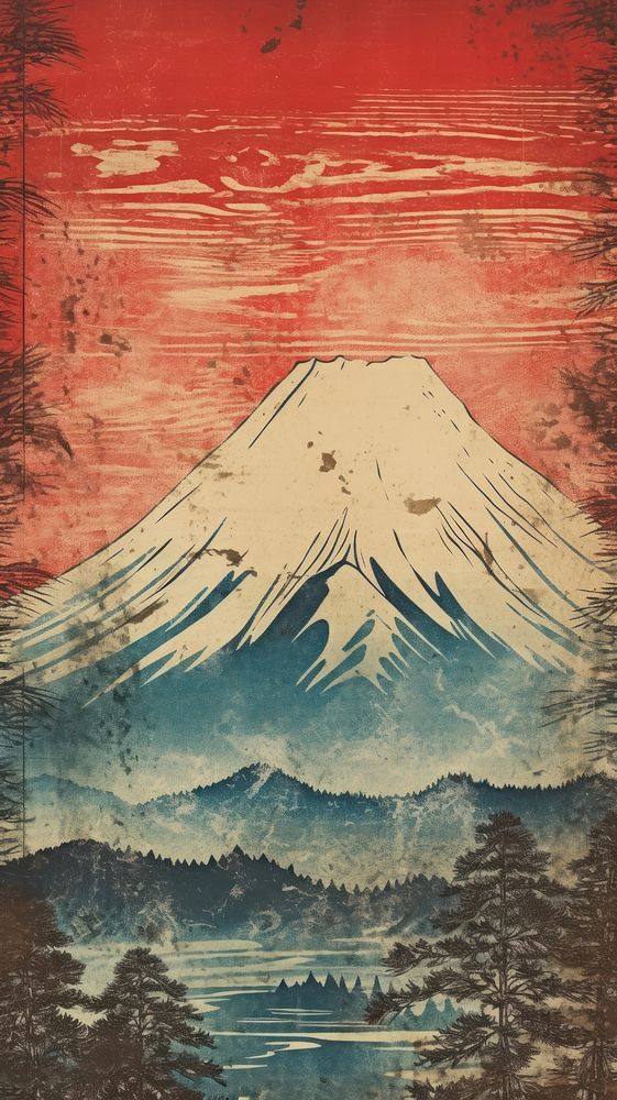 Japanese wood block print illustration of fuji mountain outdoors nature art.