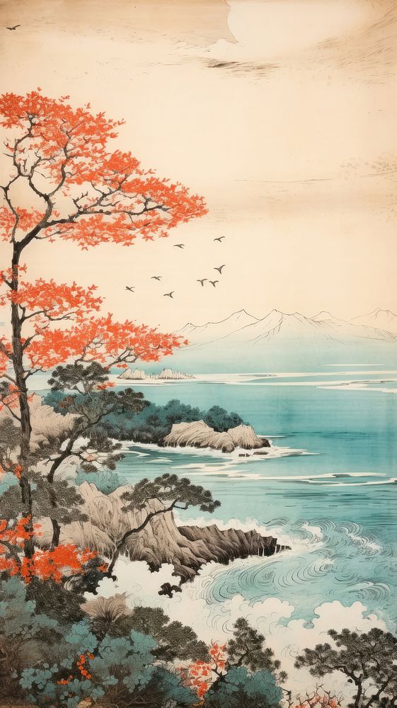 Japanese wood block print illustration of bay outdoors painting nature.