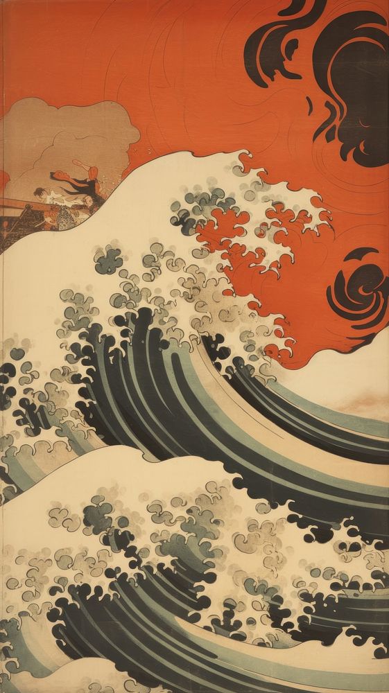 Japanese wood block print illustration of hurricane painting pattern art.