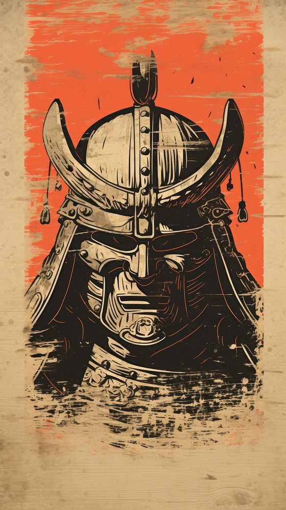 Japanese wood block print illustration of samurai helmet art representation architecture.