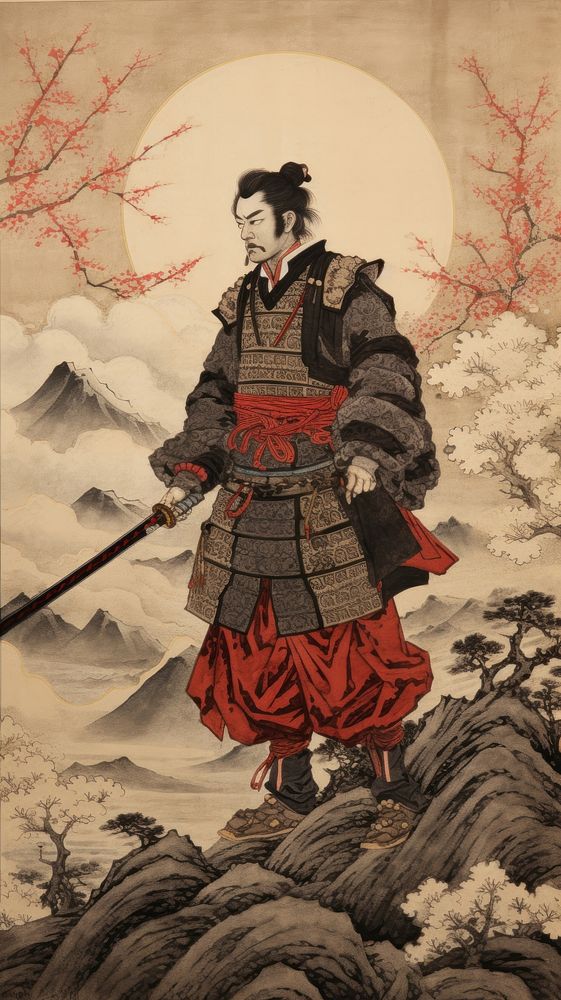 Japanese wood block print illustration of samurai adult sword architecture.