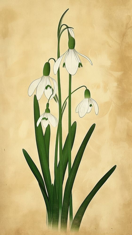 Japanese wood block print illustration of snowdrop flower plant petal amaryllidaceae.