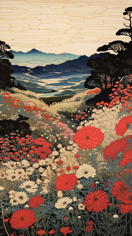 Japanese wood block print illustration of flower field landscape outdoors pattern.