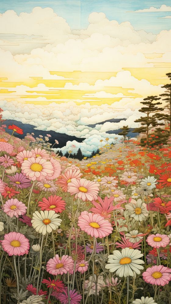 Japanese wood block print illustration of flower field landscape outdoors painting.
