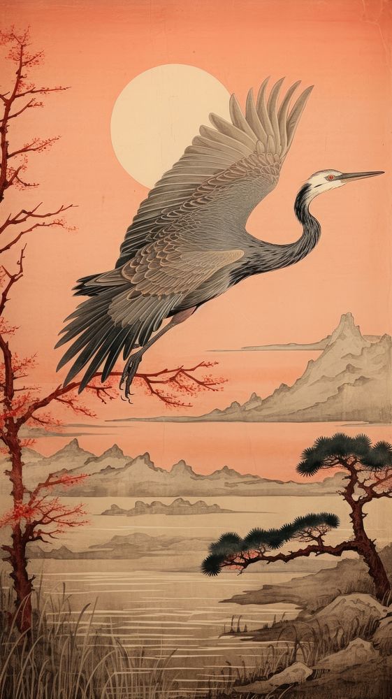 Japanese wood block print illustration of heron flying outdoors animal bird.