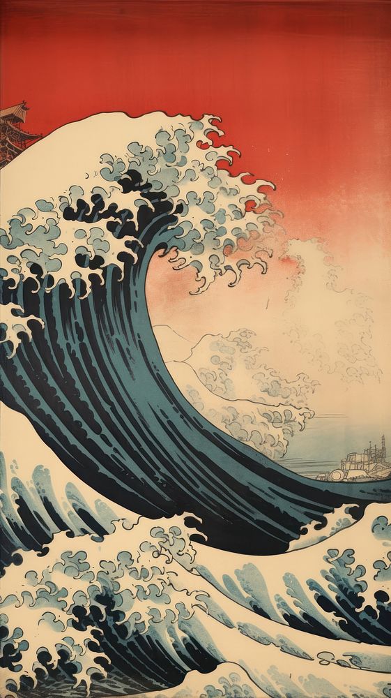 Japanese wood block print illustration of hurricane painting nature sea.
