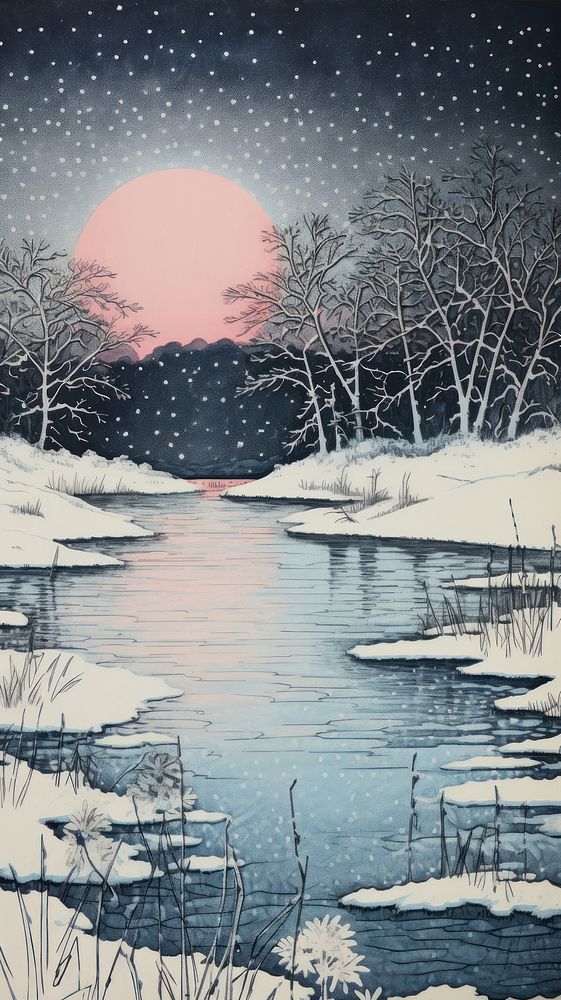 Japanese wood block print illustration of frozen lake landscape outdoors winter.