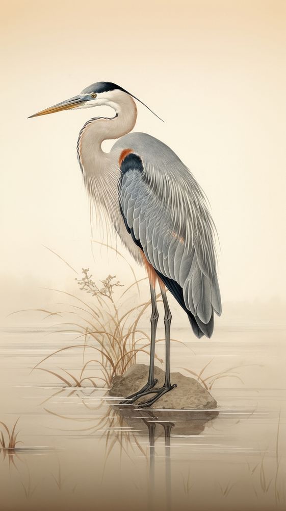 Japanese wood block print illustration of heron animal stork bird.